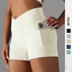 Short de sport trois-pièces en nylon brossé double face, taille en V croisée, poches, idéal pour le fitness, le yoga et la course à pied.