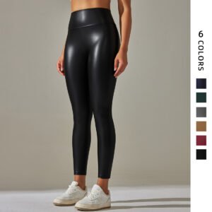 Pantalon en cuir PU stretch pour femme, coloré, taille haute, coupe ajustée, idéal pour le yoga.