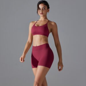 Ensemble deux pièces de sous-vêtements de sport moulants, sans coutures, dos croisé, haute élasticité, couleur unie, idéal pour le yoga, la course et le fitness.