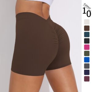 Short de yoga, de sport, de course à pied et de fitness, taille en V, plissé, couleur pêche unie, moulant, trois-quarts, pour femme
