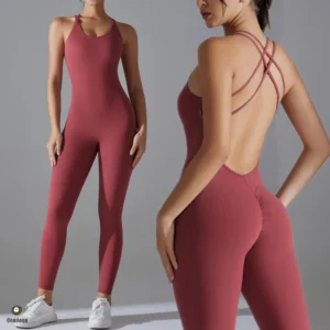 Combinaison de sport grande taille S-XL dos nu en V pour femme, idéale pour la gym et le yoga. Ensemble legging froncé, combinaison une pièce pour l'entraînement et les activités physiques.